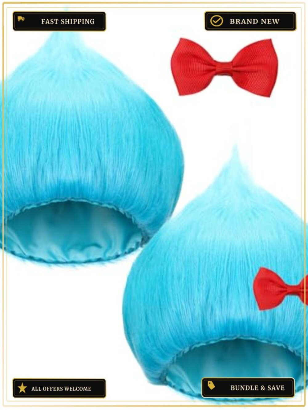 Cosplay Wig Set with Red Bow, Silk Fiber, 2 Pcs, Adult Costume Party